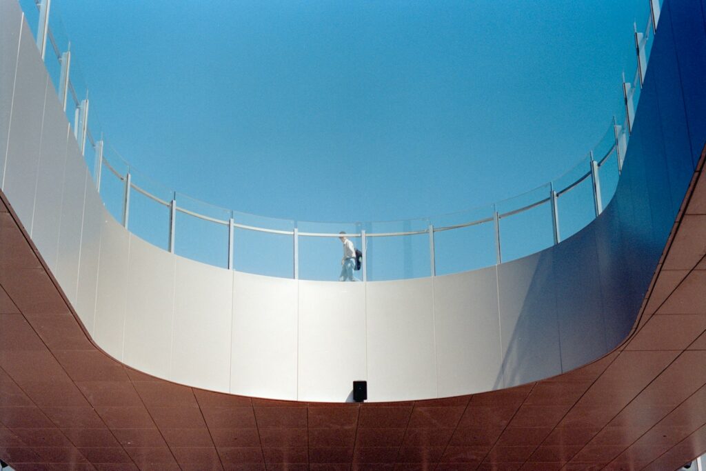 Modern architecture with a person on a balcony