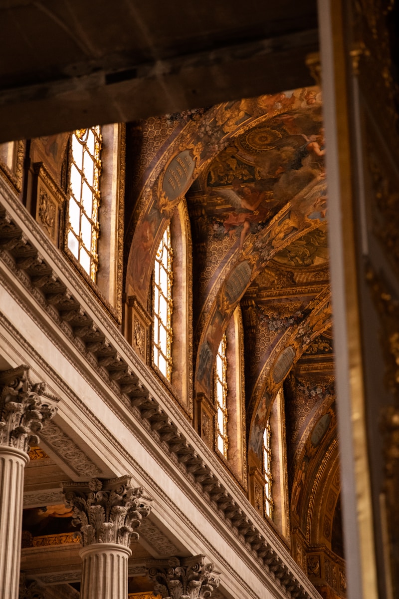 the ceiling of a building with columns and paintings on it