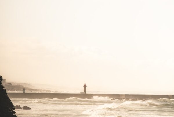 Person walks by ocean with lighthouse in distance