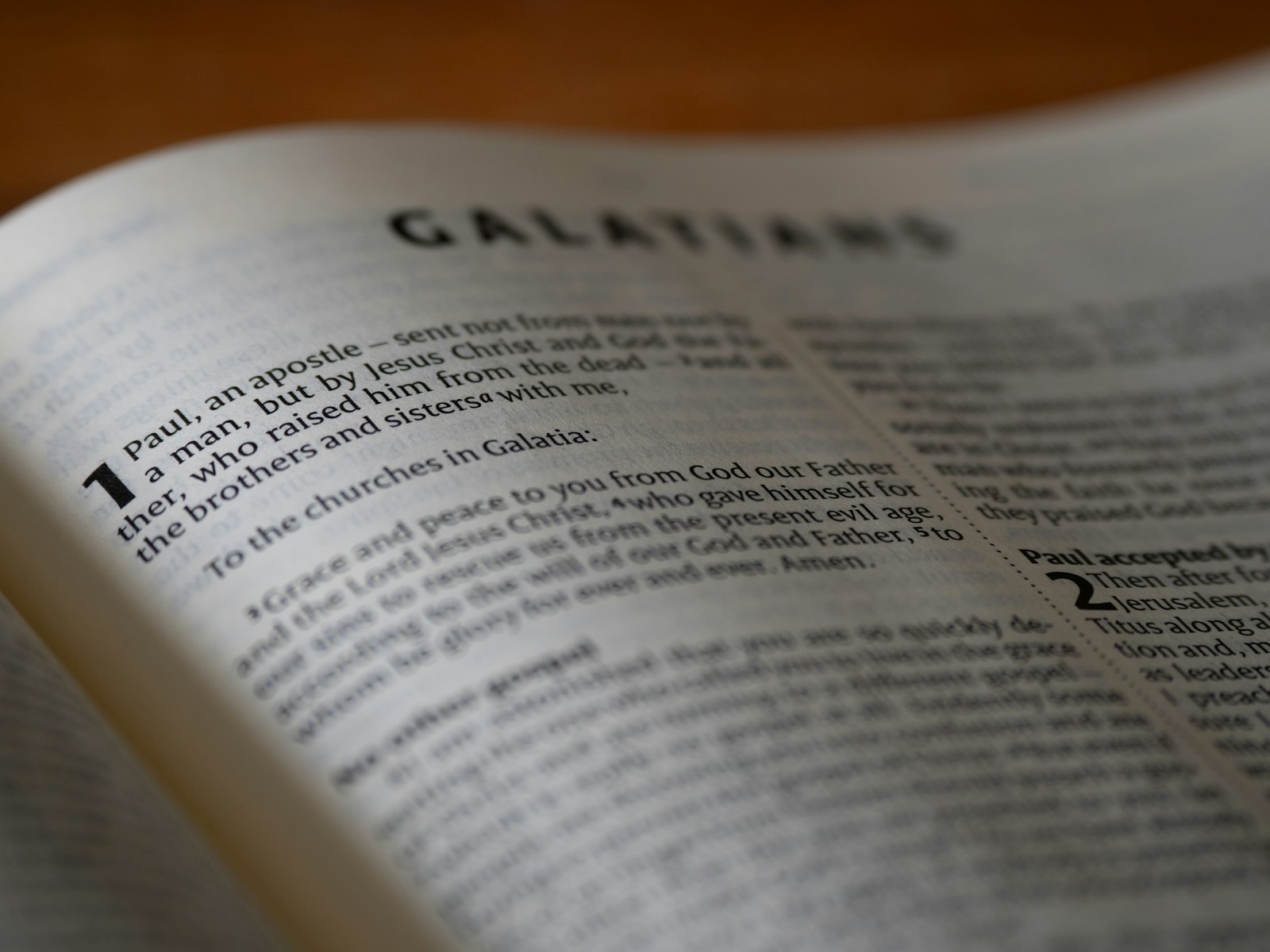 A close up of an open book on a table